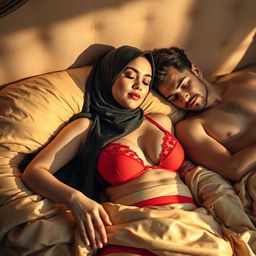 A woman wearing a stylish hijab displays a tired yet peaceful expression as she sleeps on a plush bed, adorned in a striking red bra and matching red underwear