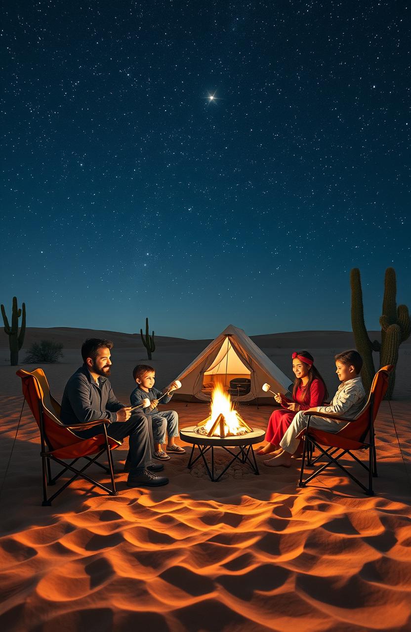 A family camping in the vast desert at night, gathering around a campfire under a starry sky, with the bright star Suhail shining prominently above them