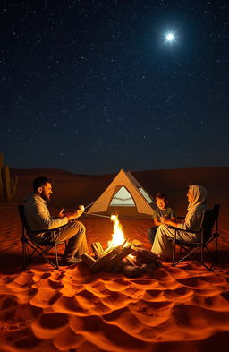 A family camping in the vast desert at night, gathering around a campfire under a starry sky, with the bright star Suhail shining prominently above them