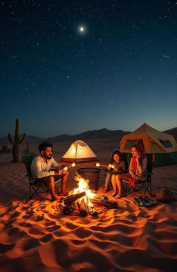 A family camping in the vast desert at night, gathering around a campfire under a starry sky, with the bright star Suhail shining prominently above them