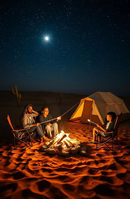 A family camping in the vast desert at night, gathering around a campfire under a starry sky, with the bright star Suhail shining prominently above them