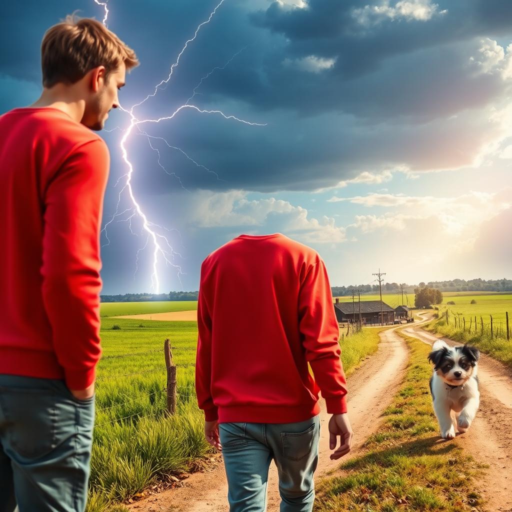 A vibrant summer scene depicting a dramatic lightning bolt illuminating the sky over a rustic crossroads in the countryside