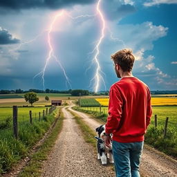 A vibrant summer scene depicting a dramatic lightning bolt illuminating the sky over a rustic crossroads in the countryside