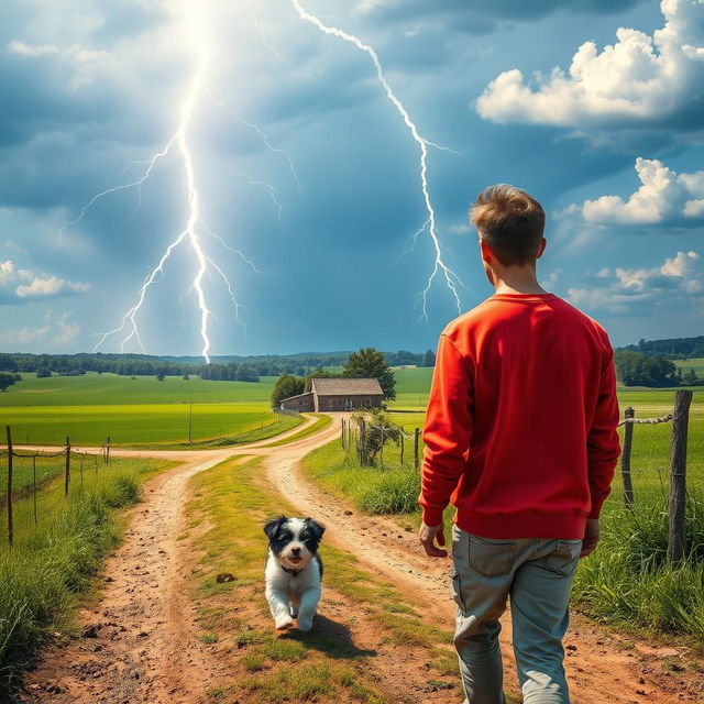 A vibrant summer scene depicting a dramatic lightning bolt illuminating the sky over a rustic crossroads in the countryside