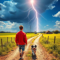 A vibrant summer scene depicting a dramatic lightning bolt illuminating the sky over a rustic crossroads in the countryside