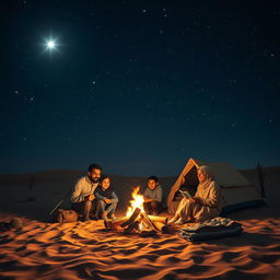A family camping in the arid desert under a dark, starry sky, focused on the bright star Suhail shining brilliantly above