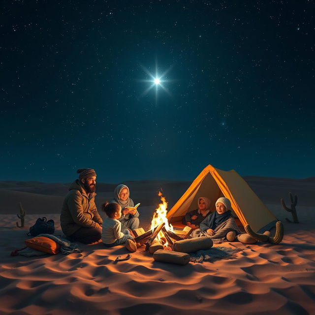 A family camping in the arid desert under a dark, starry sky, focused on the bright star Suhail shining brilliantly above