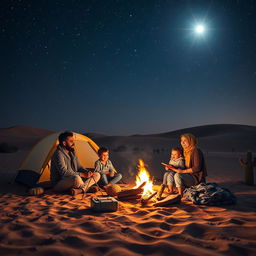 A family camping in the arid desert under a dark, starry sky, focused on the bright star Suhail shining brilliantly above