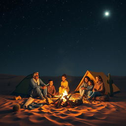 A family camping in the arid desert under a dark, starry sky, focused on the bright star Suhail shining brilliantly above