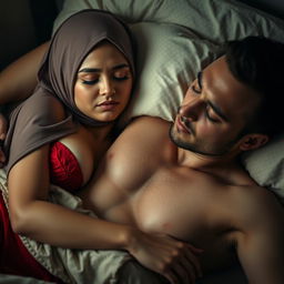 A serene scene featuring a woman wearing a hijab, her tired expression suggesting deep sleep