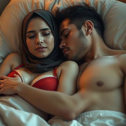 A serene scene featuring a woman wearing a hijab, her tired expression suggesting deep sleep