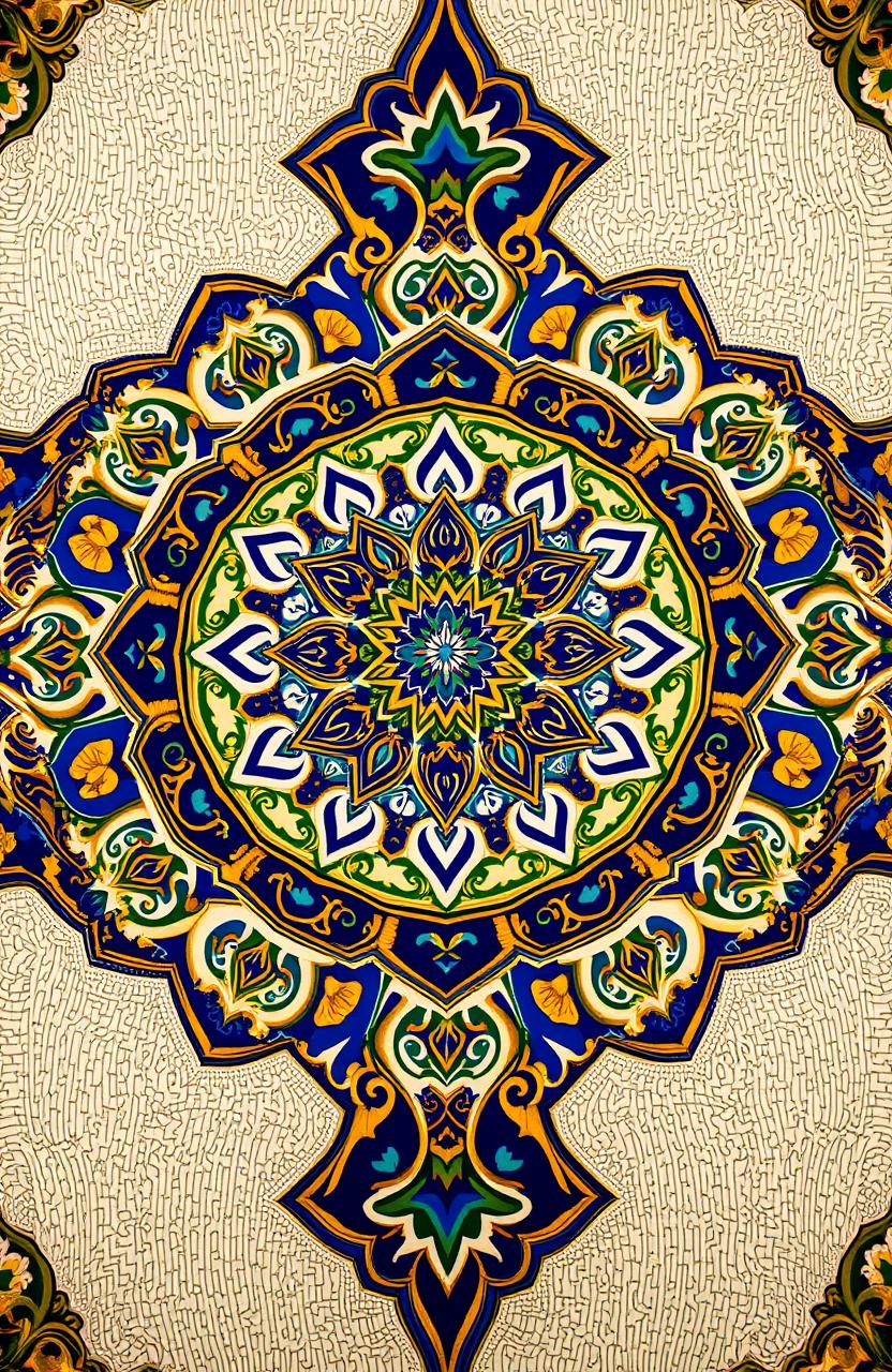 An intricate and beautiful Islamic geometric pattern, featuring vibrant colors like blue, gold, and green