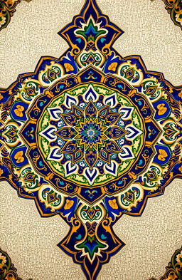 An intricate and beautiful Islamic geometric pattern, featuring vibrant colors like blue, gold, and green