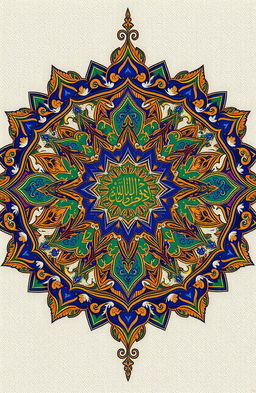 An intricate and beautiful Islamic geometric pattern, featuring vibrant colors like blue, gold, and green
