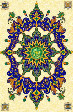 An intricate and beautiful Islamic geometric pattern, featuring vibrant colors like blue, gold, and green