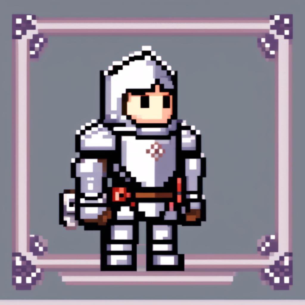 Pixel art profile picture of a knight in silver armor with a cool pattern border, styled after classic JRPG games.