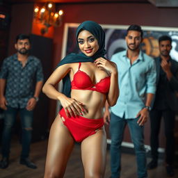 A stylish hijab-wearing woman with a confident posture, dressed in a vibrant red bra and matching red underwear, showcasing her dance moves in a lively setting