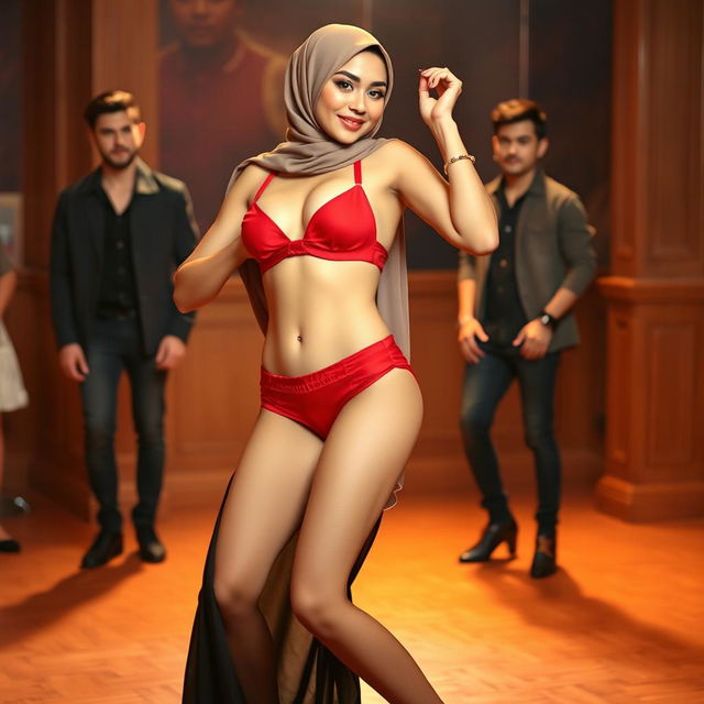 A stylish hijab-wearing woman with a confident posture, dressed in a vibrant red bra and matching red underwear, showcasing her dance moves in a lively setting