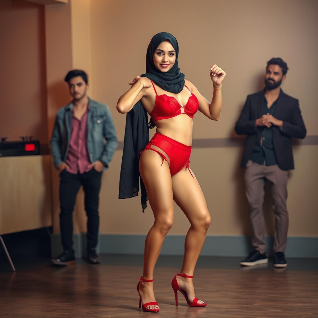 A stylish hijab-wearing woman with a confident posture, dressed in a vibrant red bra and matching red underwear, showcasing her dance moves in a lively setting