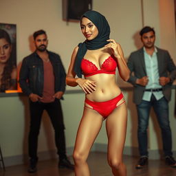A stylish hijab-wearing woman with a confident posture, dressed in a vibrant red bra and matching red underwear, showcasing her dance moves in a lively setting