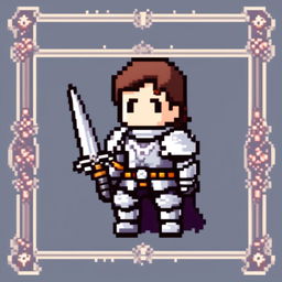 Pixel art profile picture of a knight in silver armor with a cool pattern border, styled after classic JRPG games.