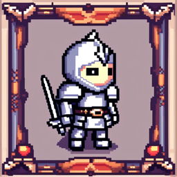 Pixel art profile picture of a knight in silver armor with a cool pattern border, styled after classic JRPG games.