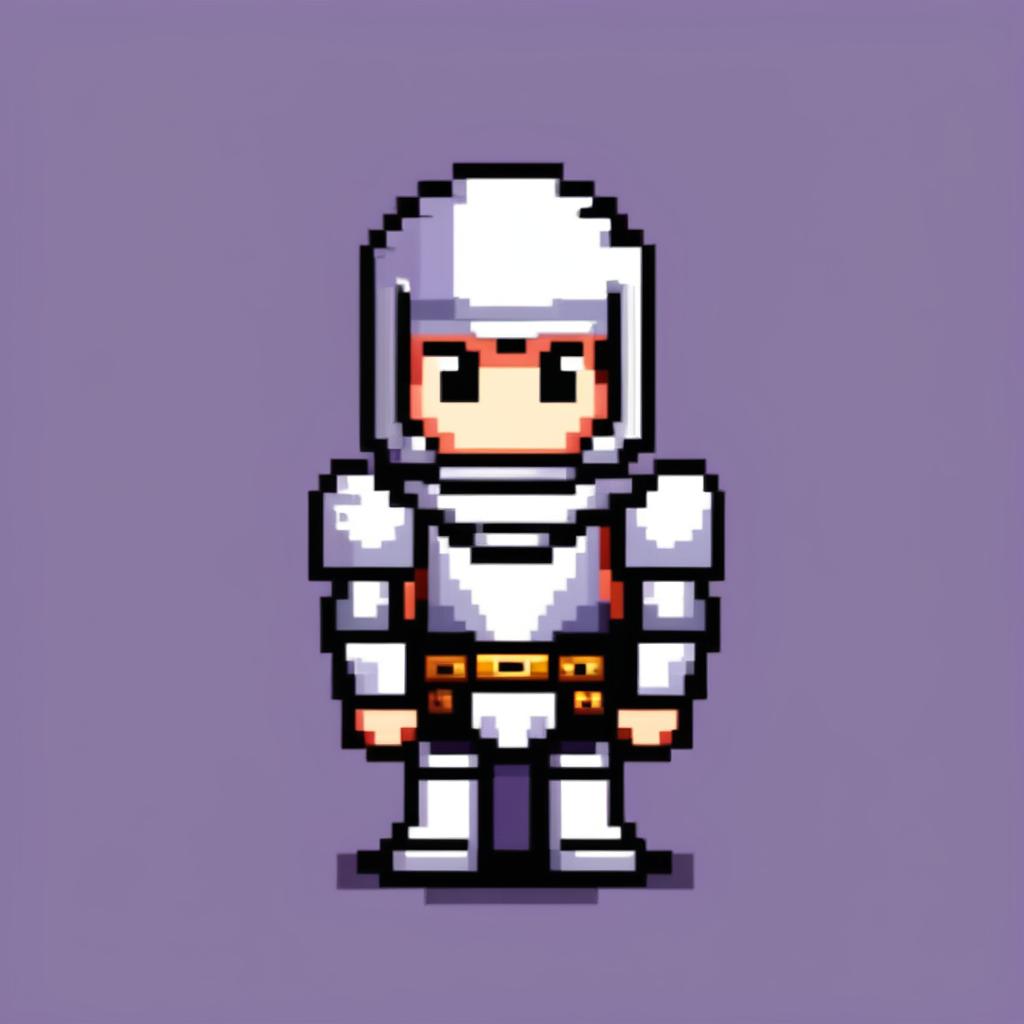 Pixel art profile picture of a knight in silver armor with a cool pattern border, styled after classic JRPG games.