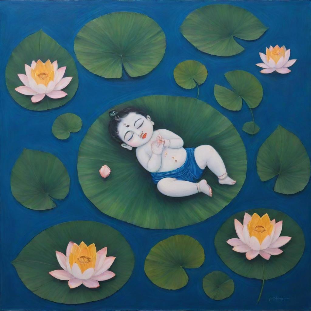 A simplistic, abstract painting, portraying infant Lord Krishna sleeping on a floating leaf in a river filled with lotuses and leaves, featuring un-realistic and expressive elements.