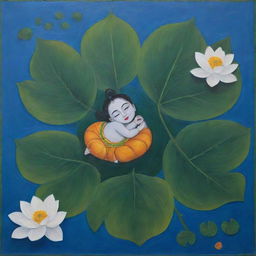 A simplistic, abstract painting, portraying infant Lord Krishna sleeping on a floating leaf in a river filled with lotuses and leaves, featuring un-realistic and expressive elements.