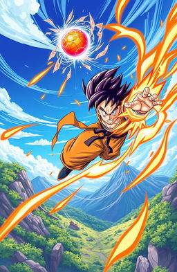 A vibrant and dynamic illustration of a fierce dragon ball fight in a fantastical landscape