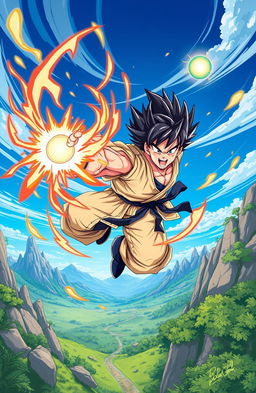 A vibrant and dynamic illustration of a fierce dragon ball fight in a fantastical landscape