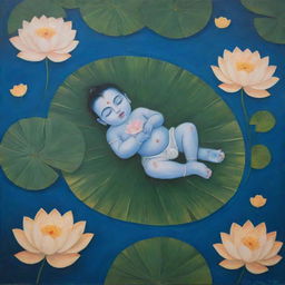 A simplistic, abstract painting, portraying infant Lord Krishna sleeping on a floating leaf in a river filled with lotuses and leaves, featuring un-realistic and expressive elements.