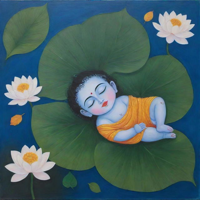 A simplistic, abstract painting, portraying infant Lord Krishna sleeping on a floating leaf in a river filled with lotuses and leaves, featuring un-realistic and expressive elements.