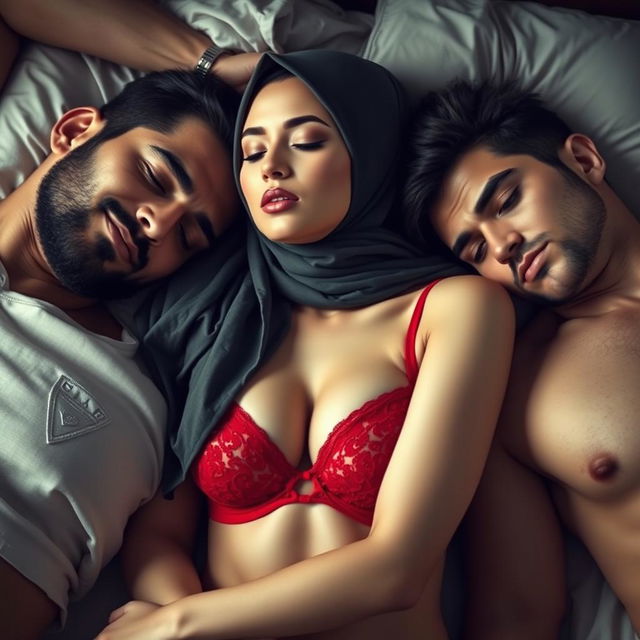 A hijab-wearing woman in a red bra and matching red underwear, posed in a relaxed position as she sleeps