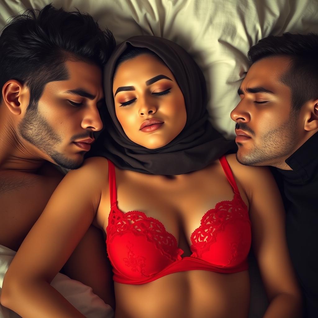 A hijab-wearing woman in a red bra and matching red underwear, posed in a relaxed position as she sleeps