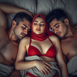A hijab-wearing woman in a red bra and matching red underwear, posed in a relaxed position as she sleeps