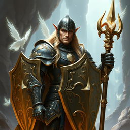 A tall male high elf with long blonde hair stands confidently in a stunning fantasy realm, clad in heavy, ornate plate armor