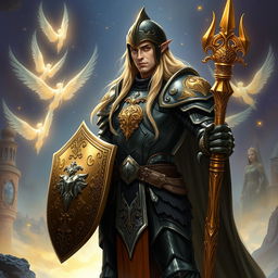 A tall male high elf with long blonde hair stands confidently in a stunning fantasy realm, clad in heavy, ornate plate armor