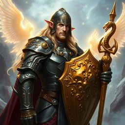 A tall male high elf with long blonde hair stands confidently in a stunning fantasy realm, clad in heavy, ornate plate armor