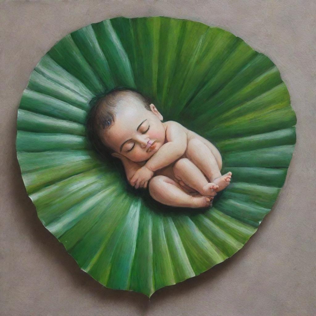 A beginner-friendly painting, capturing the serene scene of infant Lord Krishna sleeping on a leaf, executed with simple, broad brush strokes.