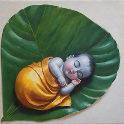 A beginner-friendly painting, capturing the serene scene of infant Lord Krishna sleeping on a leaf, executed with simple, broad brush strokes.