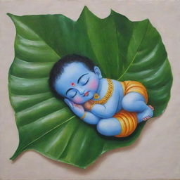 A beginner-friendly painting, capturing the serene scene of infant Lord Krishna sleeping on a leaf, executed with simple, broad brush strokes.