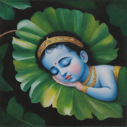 A beginner-friendly painting, capturing the serene scene of infant Lord Krishna sleeping on a leaf, executed with simple, broad brush strokes.