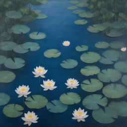 A painting capturing the striking scene of a dark blue river filled with numerous blooming lotus flowers surrounded by leaves.