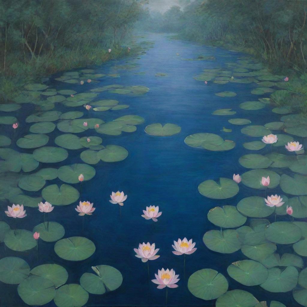 A painting capturing the striking scene of a dark blue river filled with numerous blooming lotus flowers surrounded by leaves.