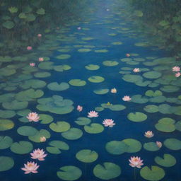 A painting capturing the striking scene of a dark blue river filled with numerous blooming lotus flowers surrounded by leaves.