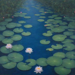 A painting capturing the striking scene of a dark blue river filled with numerous blooming lotus flowers surrounded by leaves.