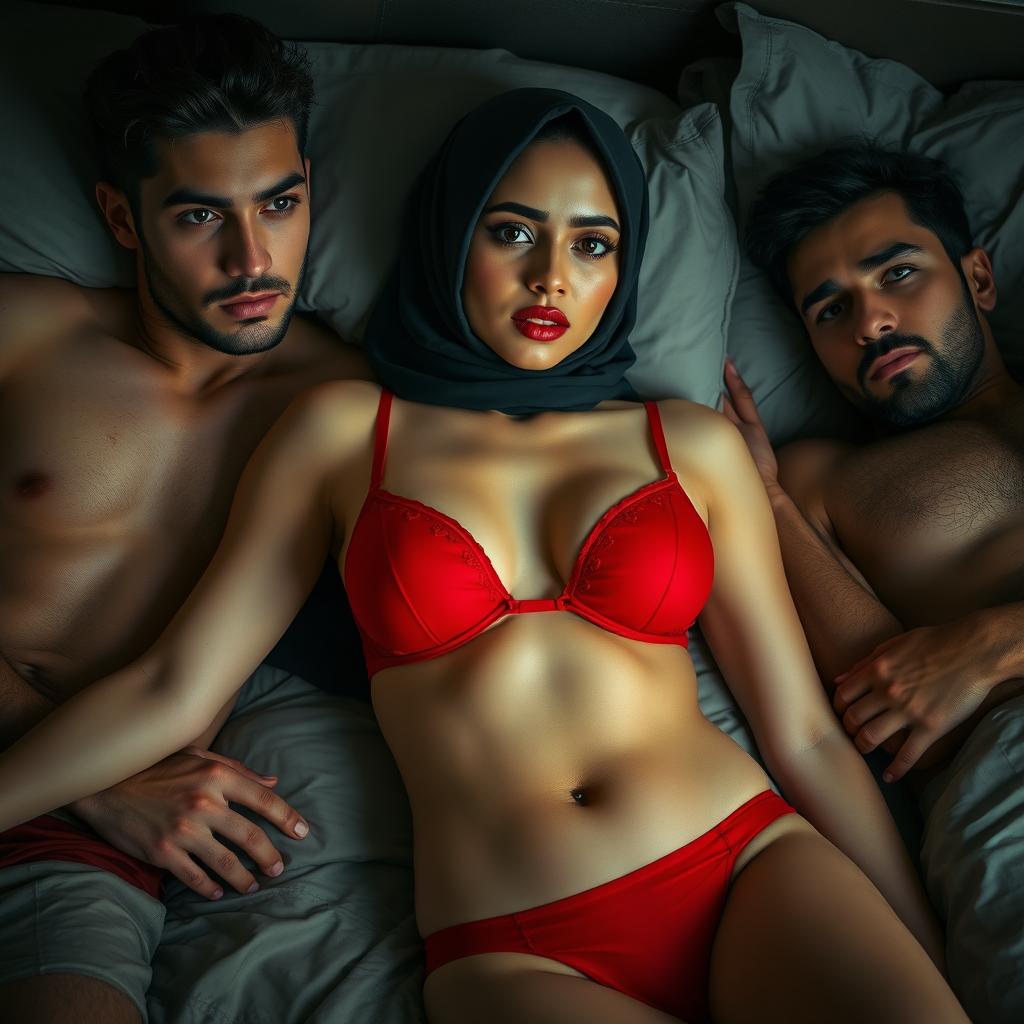 A hijab-wearing woman in a striking red bra and matching red underwear, posed in a suggestive yet artistic way, lying seductively on a bed