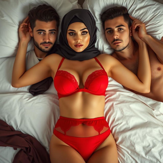 A hijab-wearing woman in a striking red bra and matching red underwear, posed in a suggestive yet artistic way, lying seductively on a bed