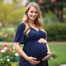 A beautiful 18-year-old pregnant blonde woman wearing a navy blue dress, standing gracefully outdoors with a soft, glowing smile